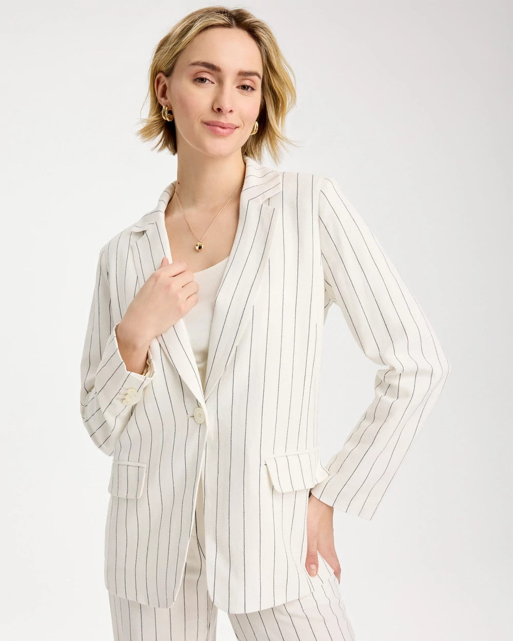Chico's Discount - Linen-Blend Striped Boyfriend Blazer Ecru