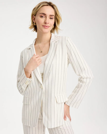 Chico's Discount - Linen-Blend Striped Boyfriend Blazer Ecru