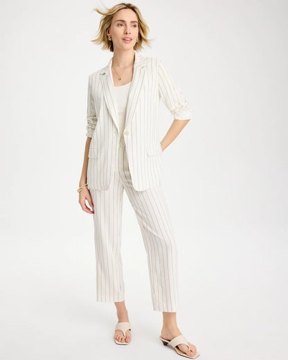 Chico's Discount - Linen-Blend Striped Boyfriend Blazer Ecru