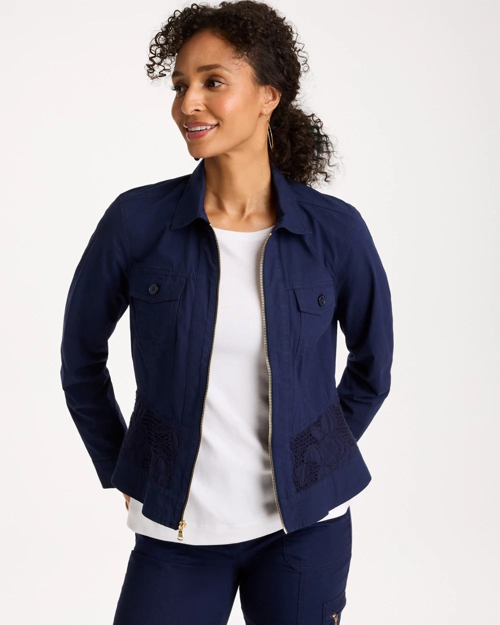 Chico's Signature - Poplin Cotton Lace Peplum Jacket Passport Blue