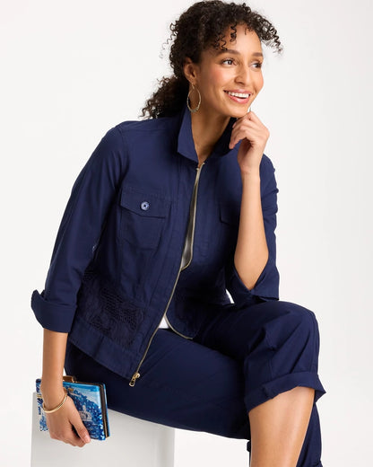 Chico's Signature - Poplin Cotton Lace Peplum Jacket Passport Blue