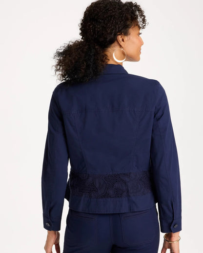 Chico's Signature - Poplin Cotton Lace Peplum Jacket Passport Blue