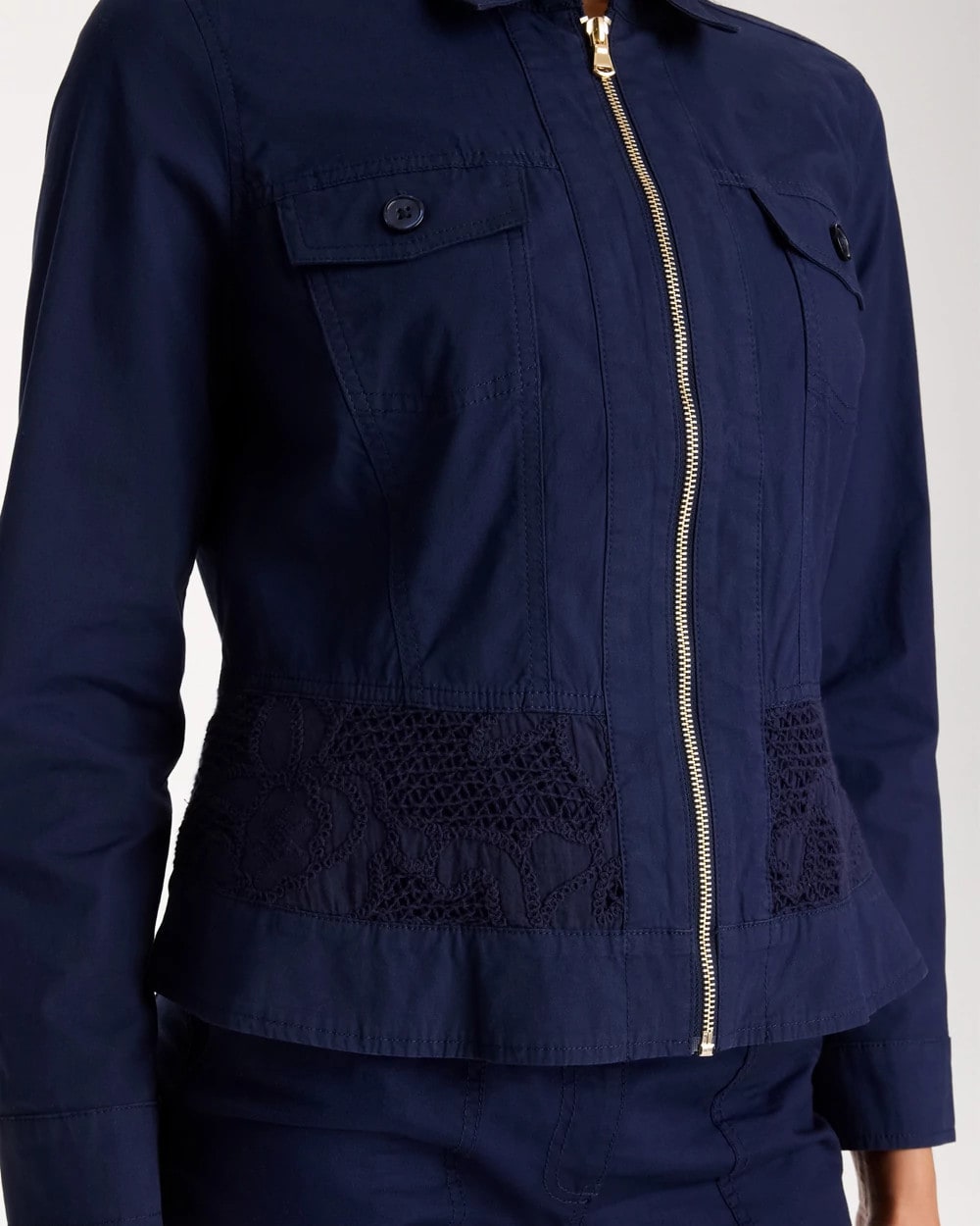 Chico's Signature - Poplin Cotton Lace Peplum Jacket Passport Blue