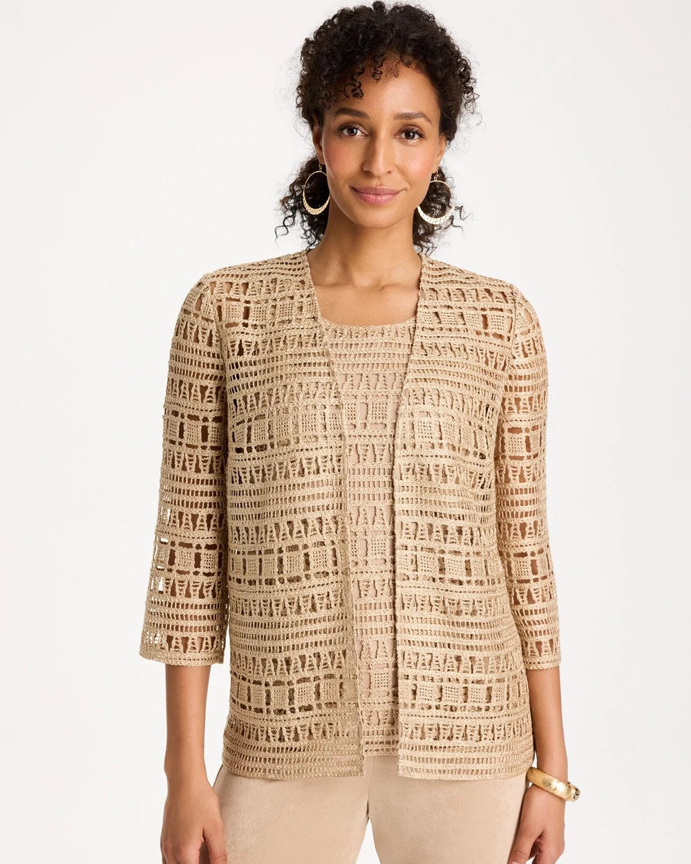 Chico's Recommended - Travelers™ Metallic Crochet Cardigan Gold