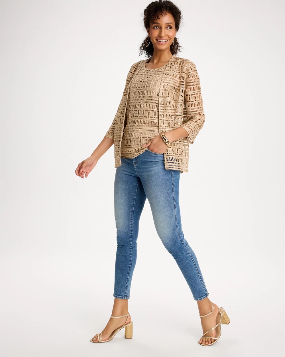 Chico's Recommended - Travelers™ Metallic Crochet Cardigan Gold