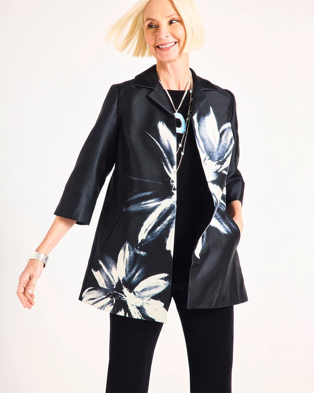 Chico's Everyday - Travelers™ Collection Floral Long Jacket Travelers Black