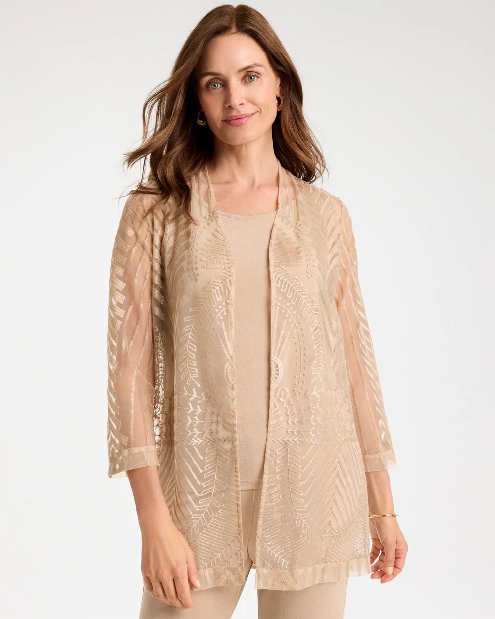 Chico's Premium - Travelers™ Sheer Embroidered Cardigan New Sonora Sand