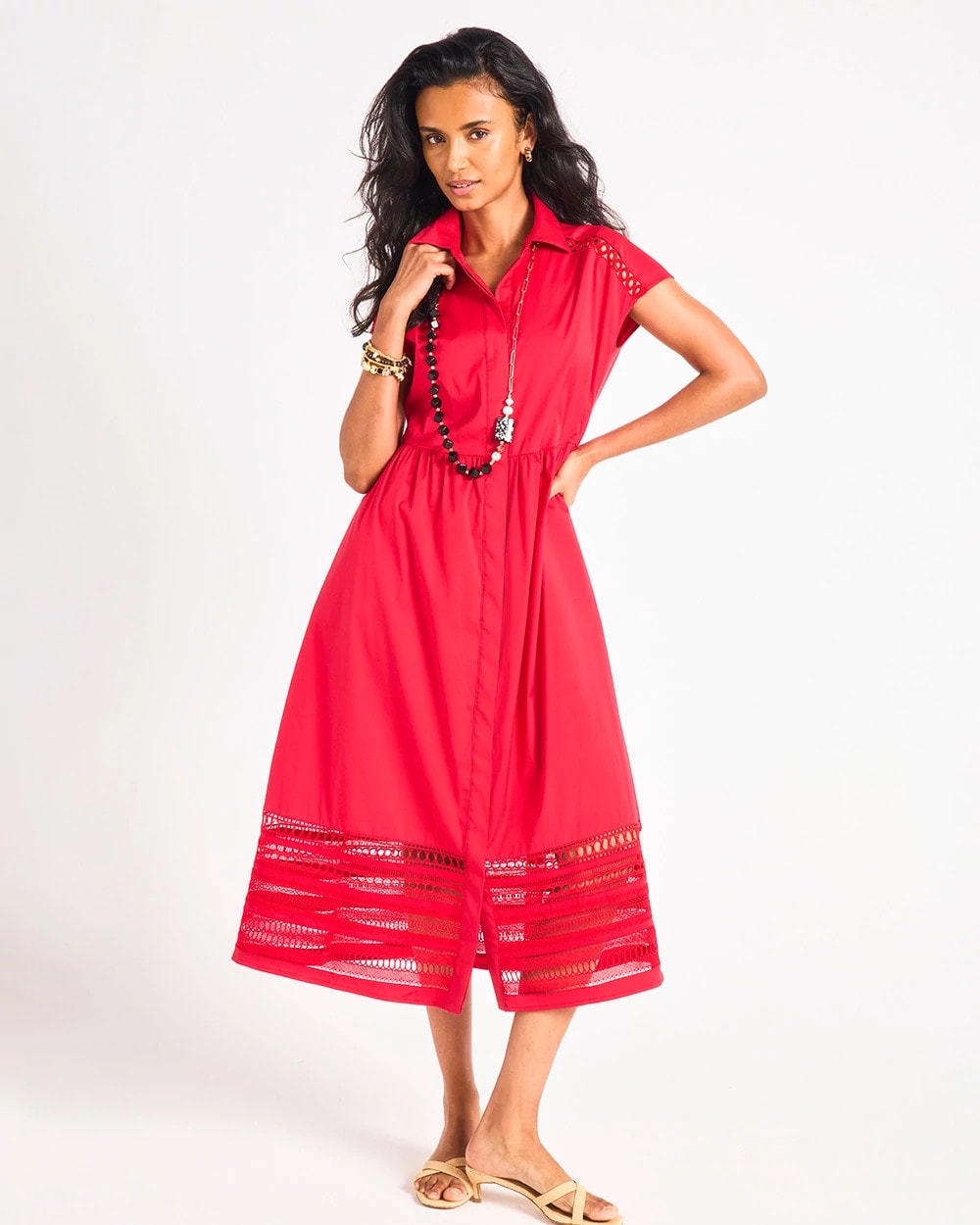 Chico's Smart Buy - Lace Trim Midi Shirtdress Cherry Lush
