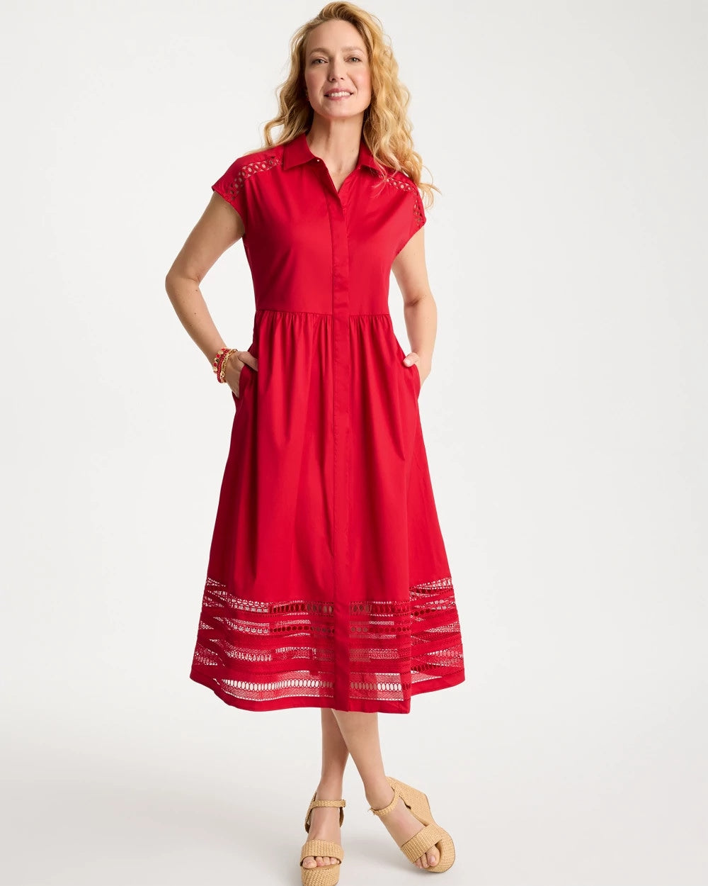 Chico's Smart Buy - Lace Trim Midi Shirtdress Cherry Lush