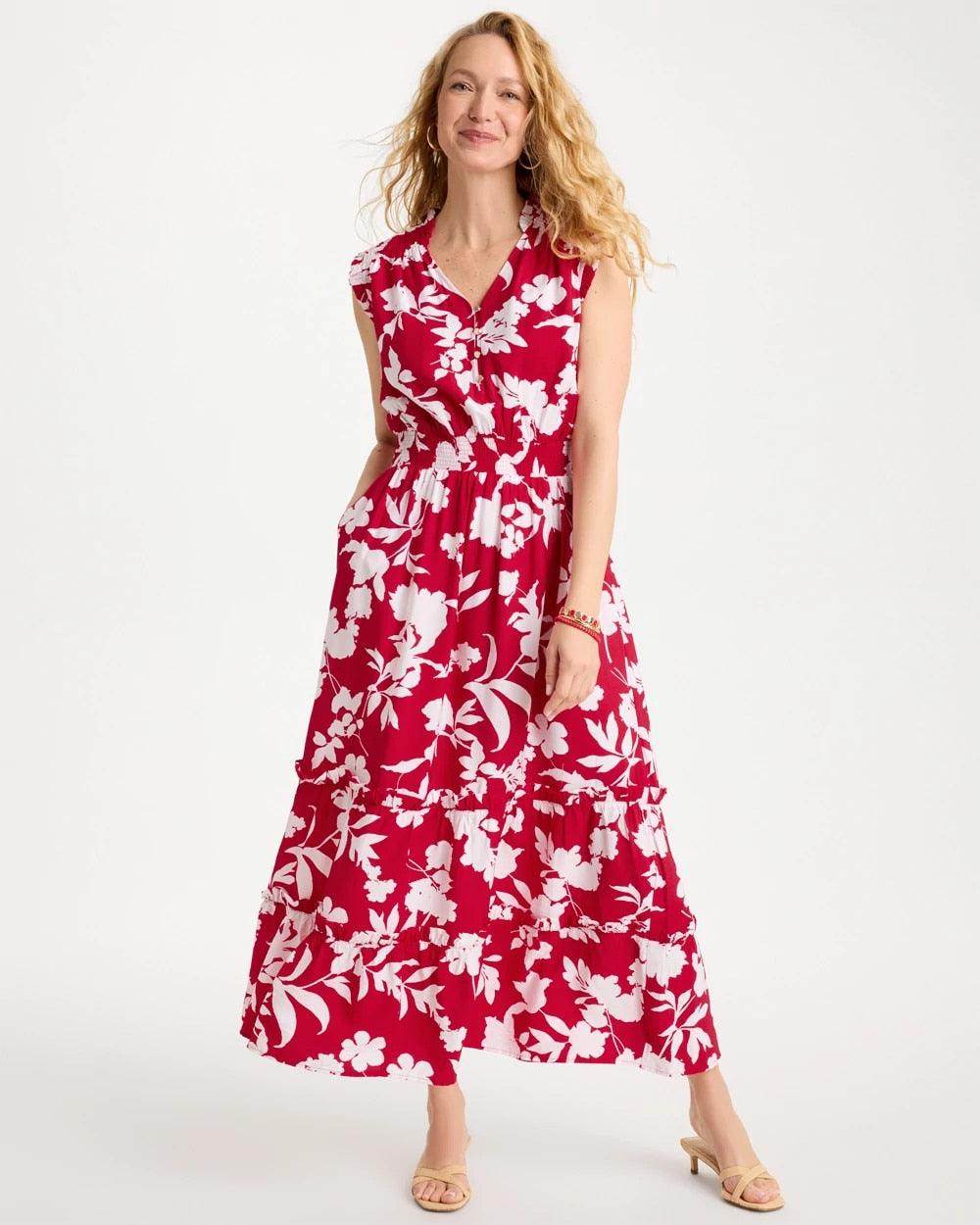 Chico's Everyday - Smocked Floral Maxi Dress Cherry Lush