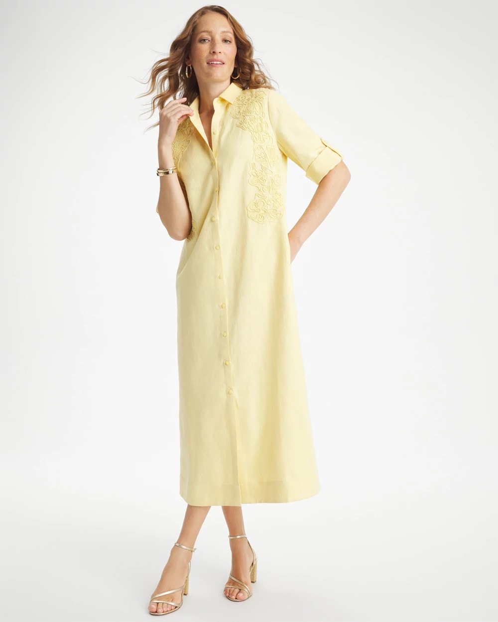 Chico's Value - Embellished Linen-Cotton Shirtdress Golden Haze