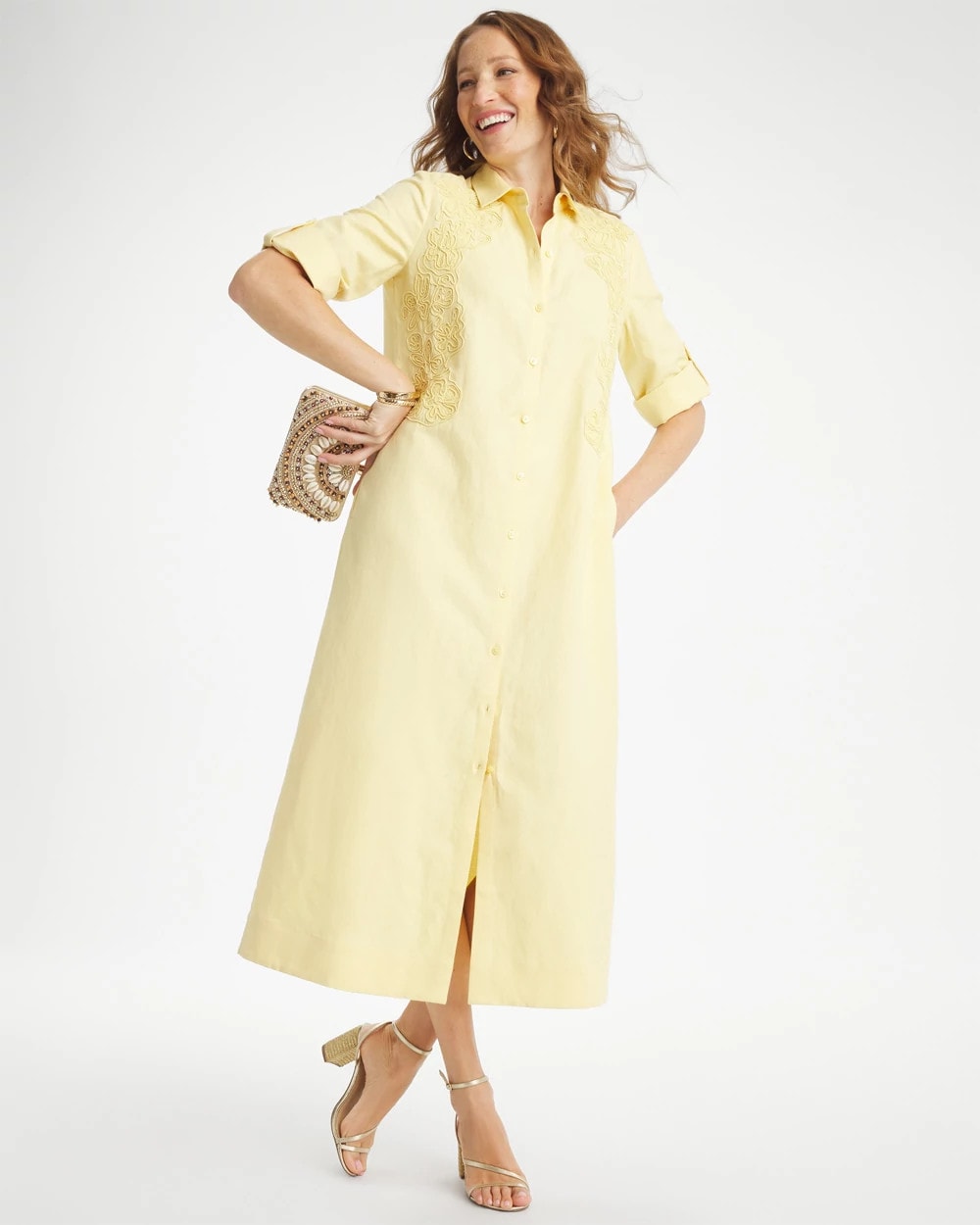 Chico's Value - Embellished Linen-Cotton Shirtdress Golden Haze