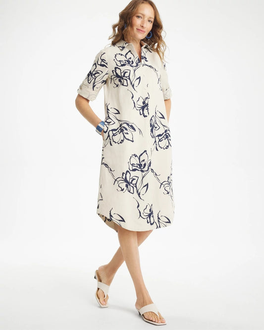 Chico's New - Printed Linen-Cotton Shirtdress Passport Blue