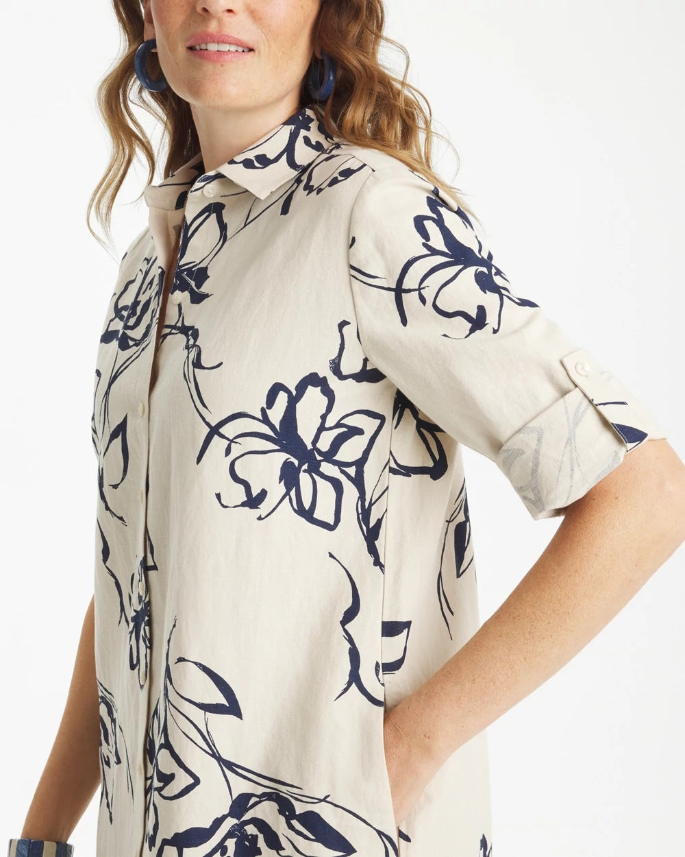Chico's New - Printed Linen-Cotton Shirtdress Passport Blue
