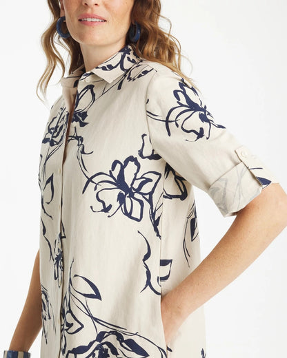 Chico's New - Printed Linen-Cotton Shirtdress Passport Blue