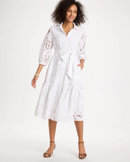 Chico's Great Value - Lace Cutout Belted Shirtdress Alabaster