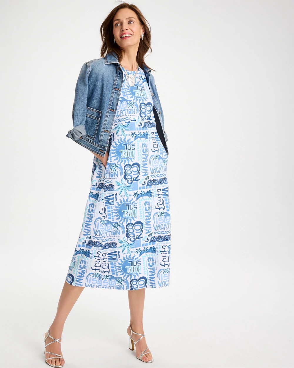 Chico's Great Value - Soft-Stretch Sleeveless Tropical Dress Passport Blue