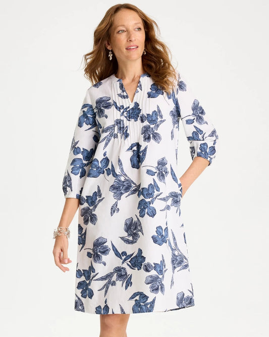 Chico's Classic - Floral Linen-Cotton Pintuck Dress Alabaster