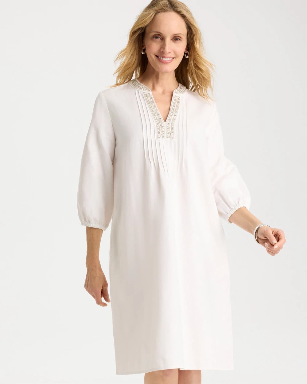 Chico's Premium - Embellished Pintuck Dress Alabaster