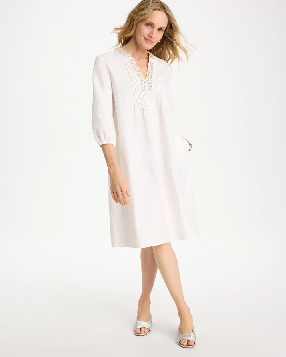 Chico's Premium - Embellished Pintuck Dress Alabaster