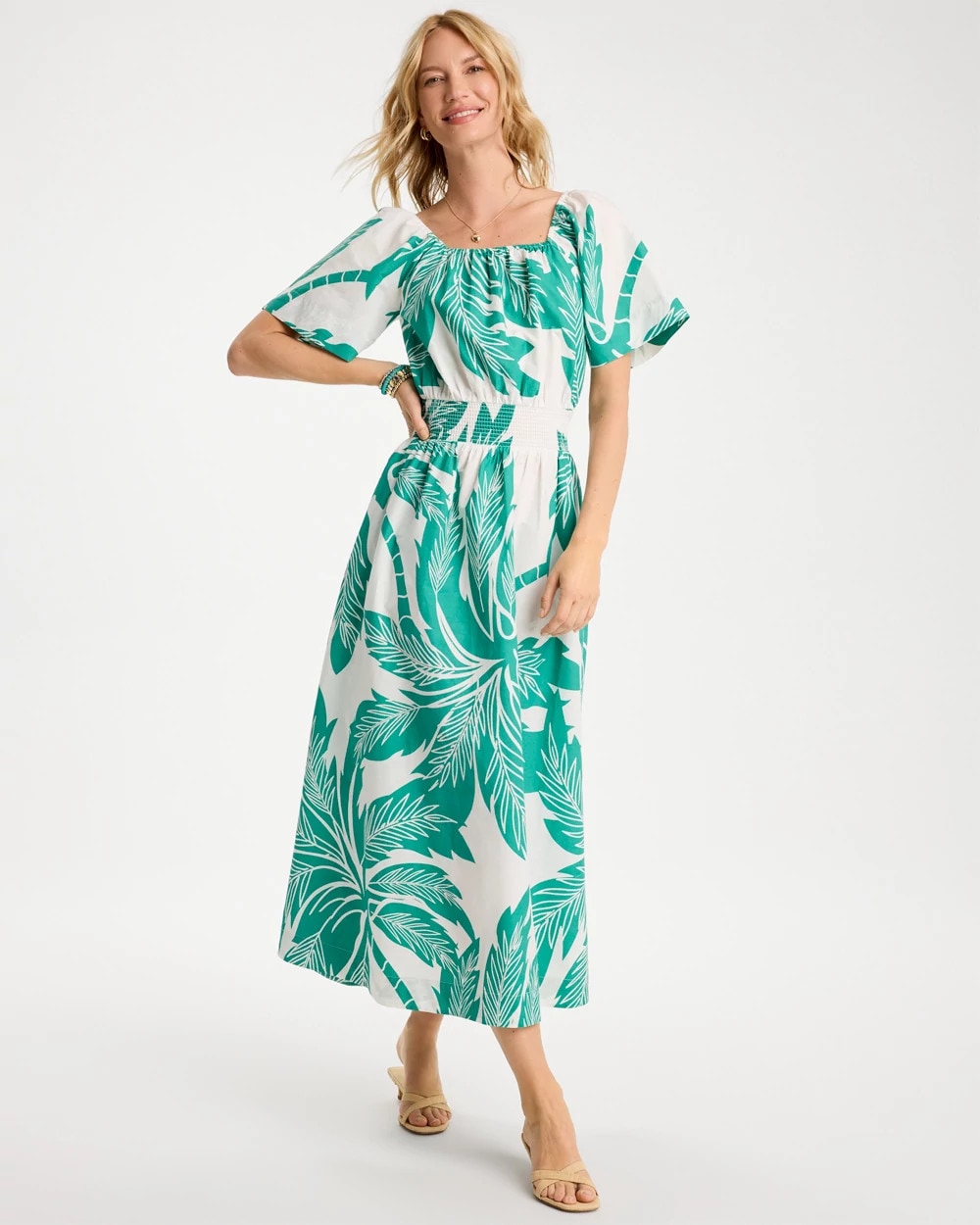 Chico's Special Offer - Poplin Cotton Off-Shoulder Printed Dress Topanga Green