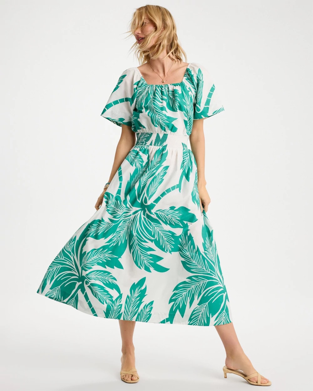 Chico's Special Offer - Poplin Cotton Off-Shoulder Printed Dress Topanga Green