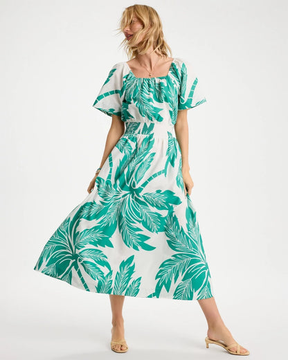 Chico's Special Offer - Poplin Cotton Off-Shoulder Printed Dress Topanga Green