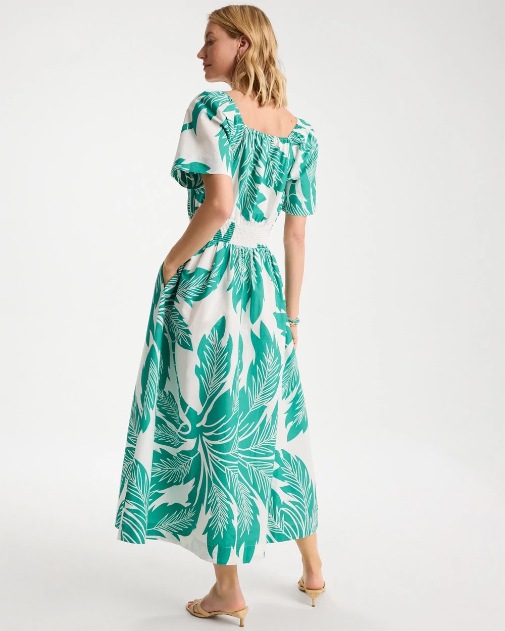 Chico's Special Offer - Poplin Cotton Off-Shoulder Printed Dress Topanga Green