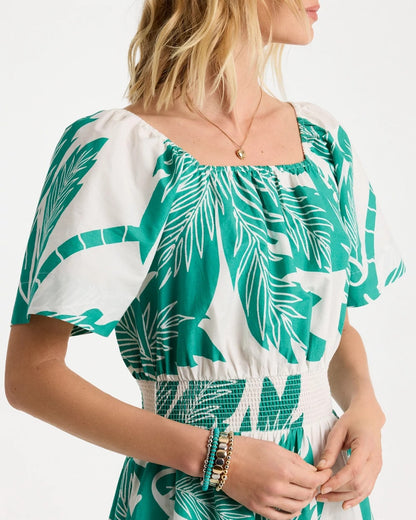 Chico's Special Offer - Poplin Cotton Off-Shoulder Printed Dress Topanga Green