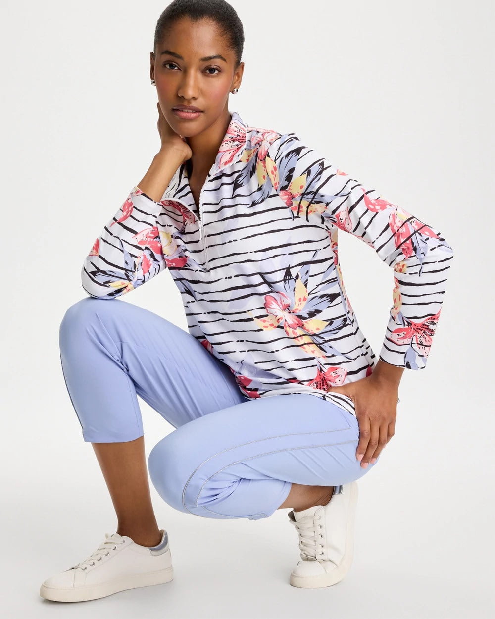 Chico's Latest - Zenergy® UPF Lily Print Half Zip Calypso Coral