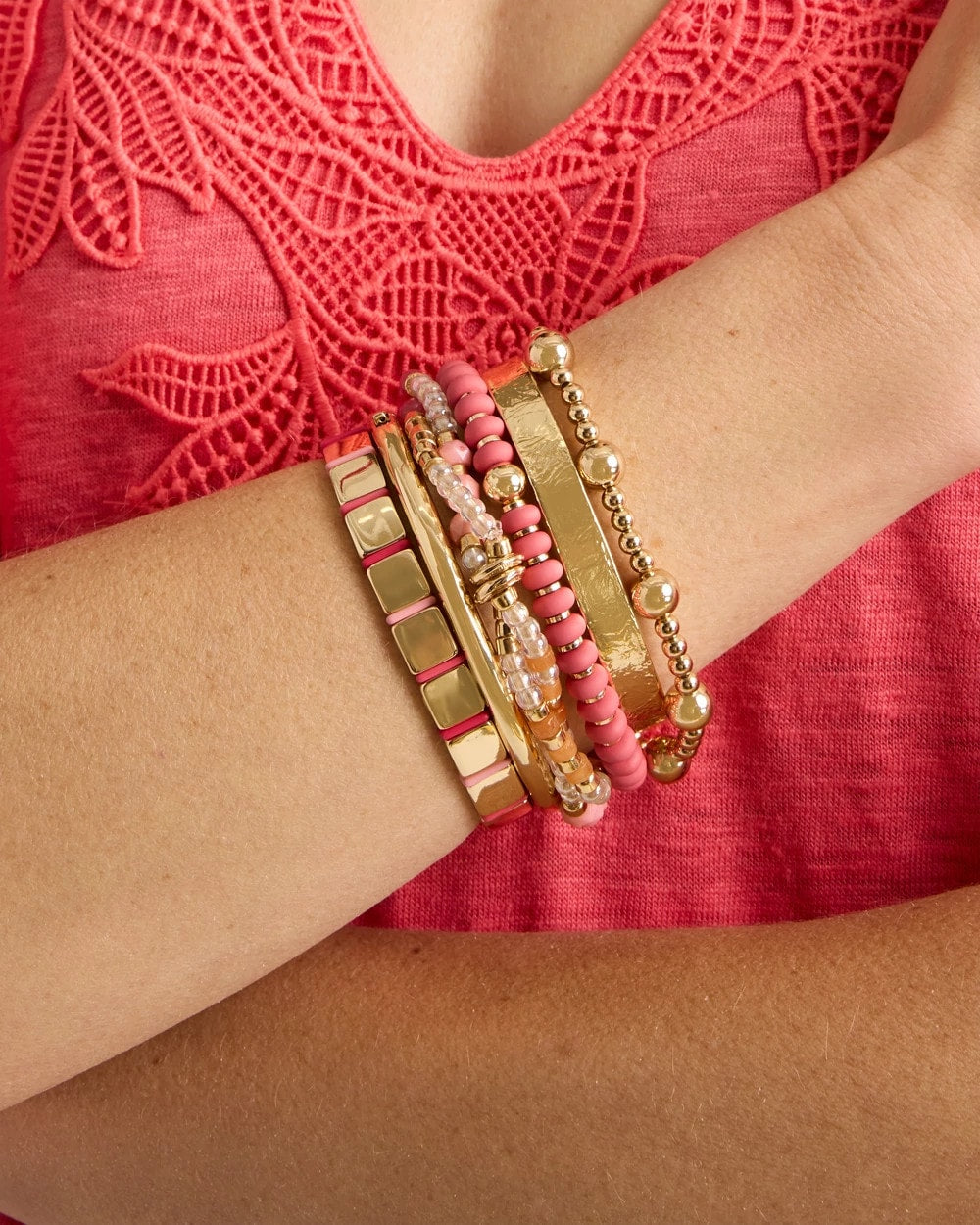 Chico's Exclusive - Glam Goldtone Slice Stretch Bracelet Coral