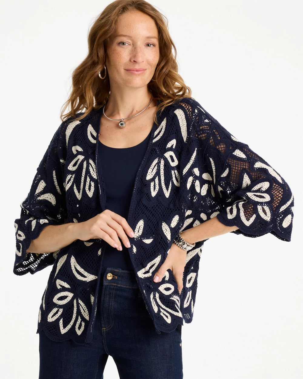 Chico's Great Value - Woven Crochet Lace Contrast Kimono Passport Blue