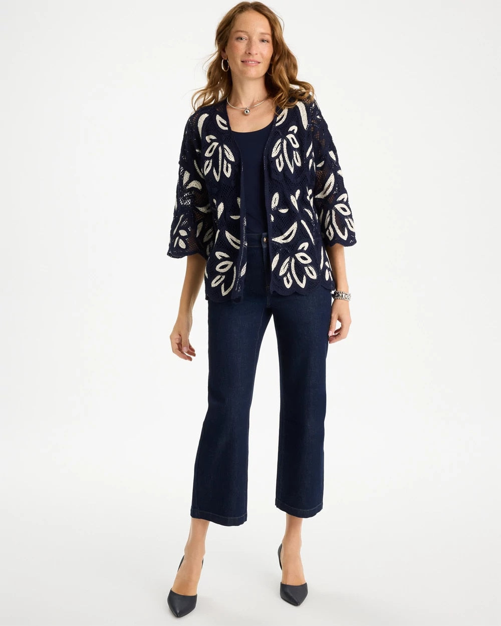 Chico's Great Value - Woven Crochet Lace Contrast Kimono Passport Blue