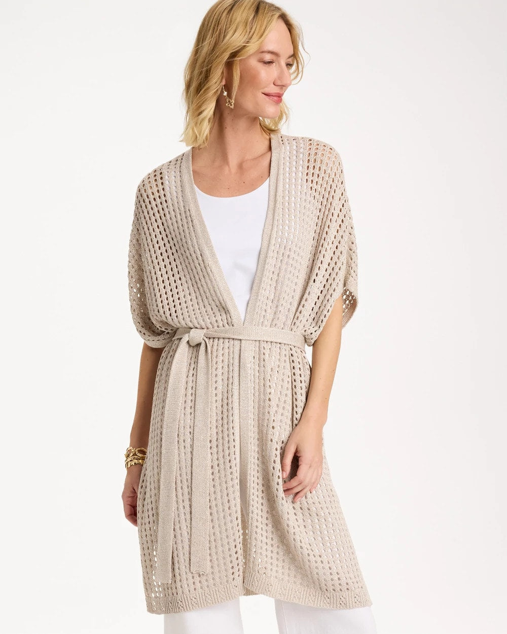 Chico's Sale - Crochet Knit Belted Ruana Neutral
