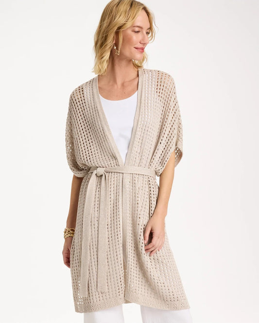 Chico's Sale - Crochet Knit Belted Ruana Neutral