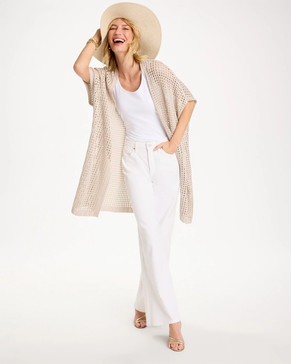 Chico's Sale - Crochet Knit Belted Ruana Neutral