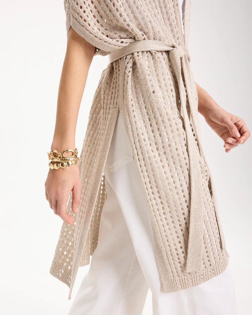 Chico's Sale - Crochet Knit Belted Ruana Neutral