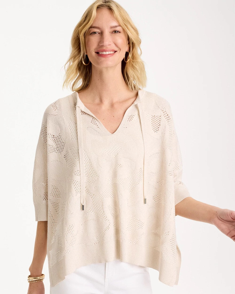 Chico's Deals - Crochet Lace Notch Neck Poncho Ecru