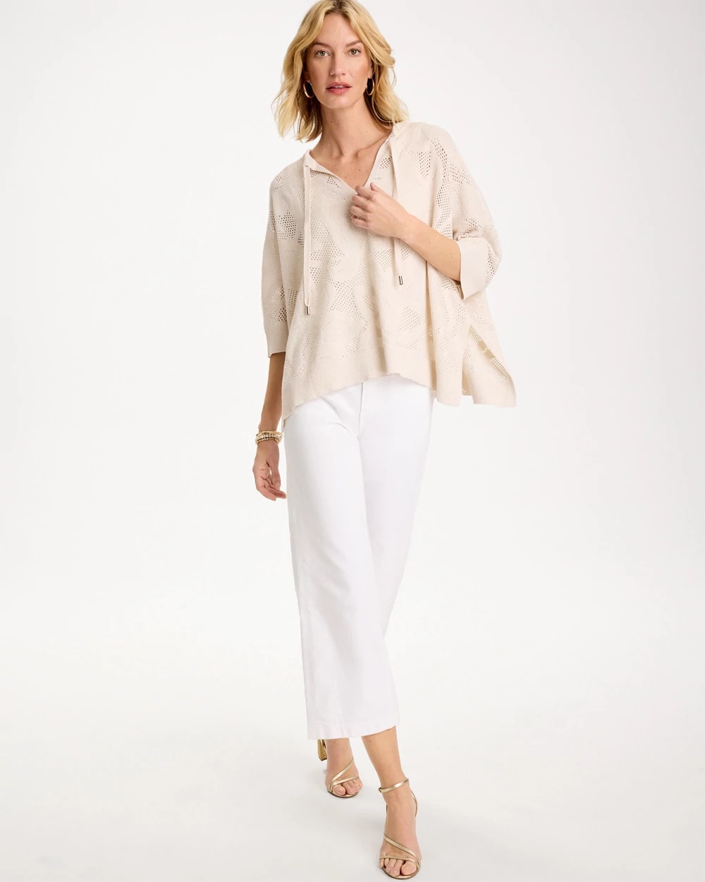 Chico's Deals - Crochet Lace Notch Neck Poncho Ecru