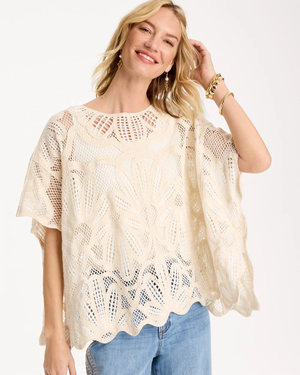 Chico's Essential - Woven Cotton-Blend Crochet Lace Poncho Ecru