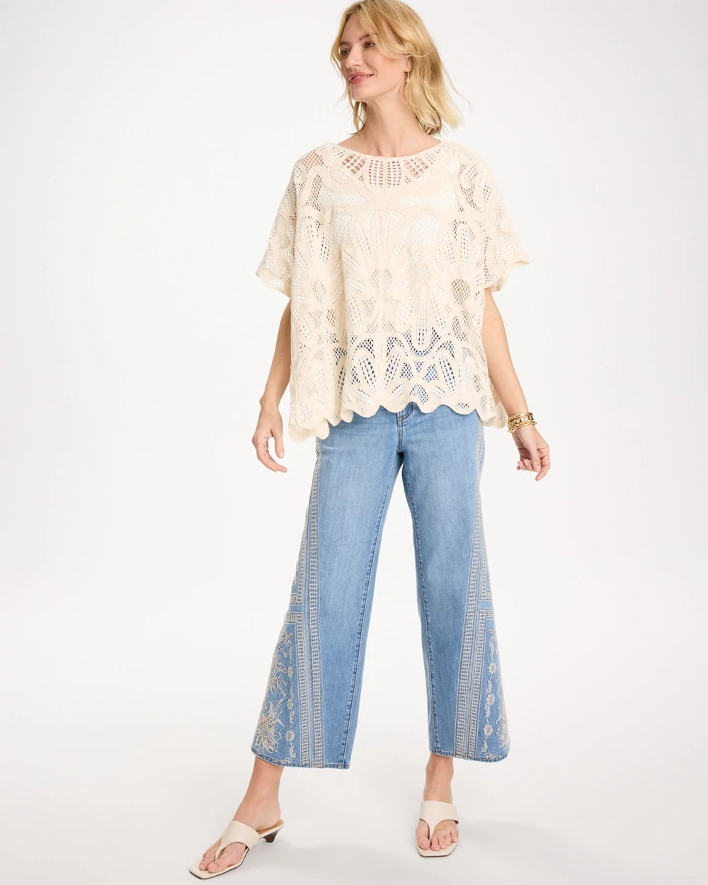 Chico's Essential - Woven Cotton-Blend Crochet Lace Poncho Ecru