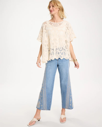 Chico's Essential - Woven Cotton-Blend Crochet Lace Poncho Ecru