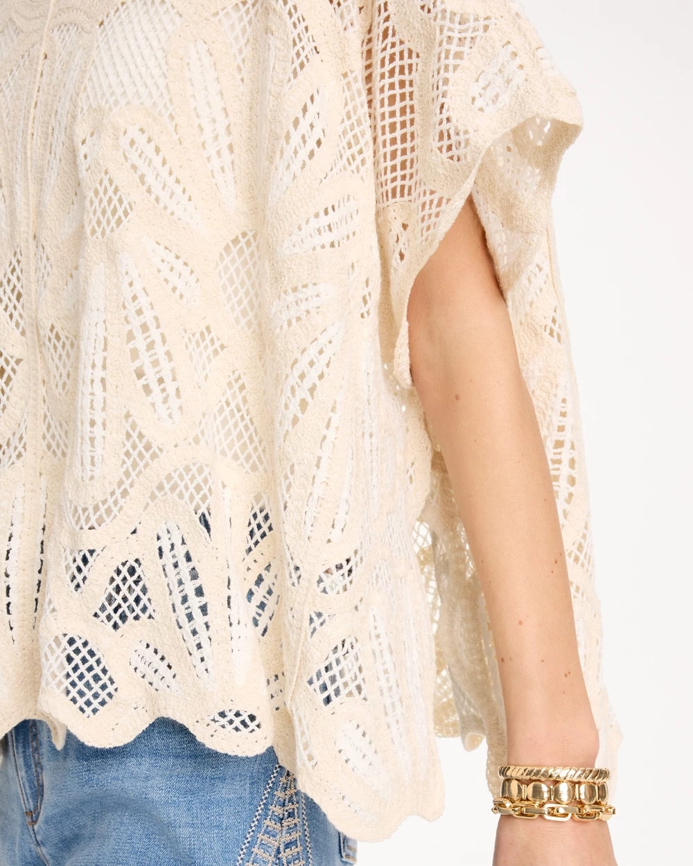 Chico's Essential - Woven Cotton-Blend Crochet Lace Poncho Ecru