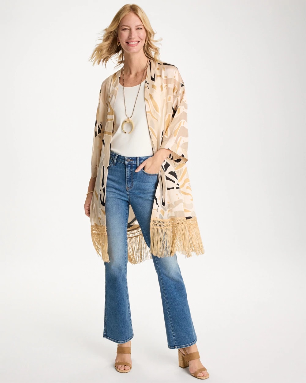 Chico's Signature - Woven Long Fringed Kimono Neutral