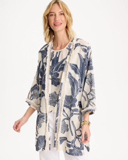 Chico's Exclusive - Cotton Jacquard Fringed Kimono Blue