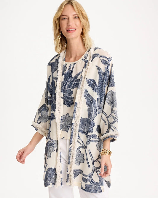Chico's Exclusive - Cotton Jacquard Fringed Kimono Blue