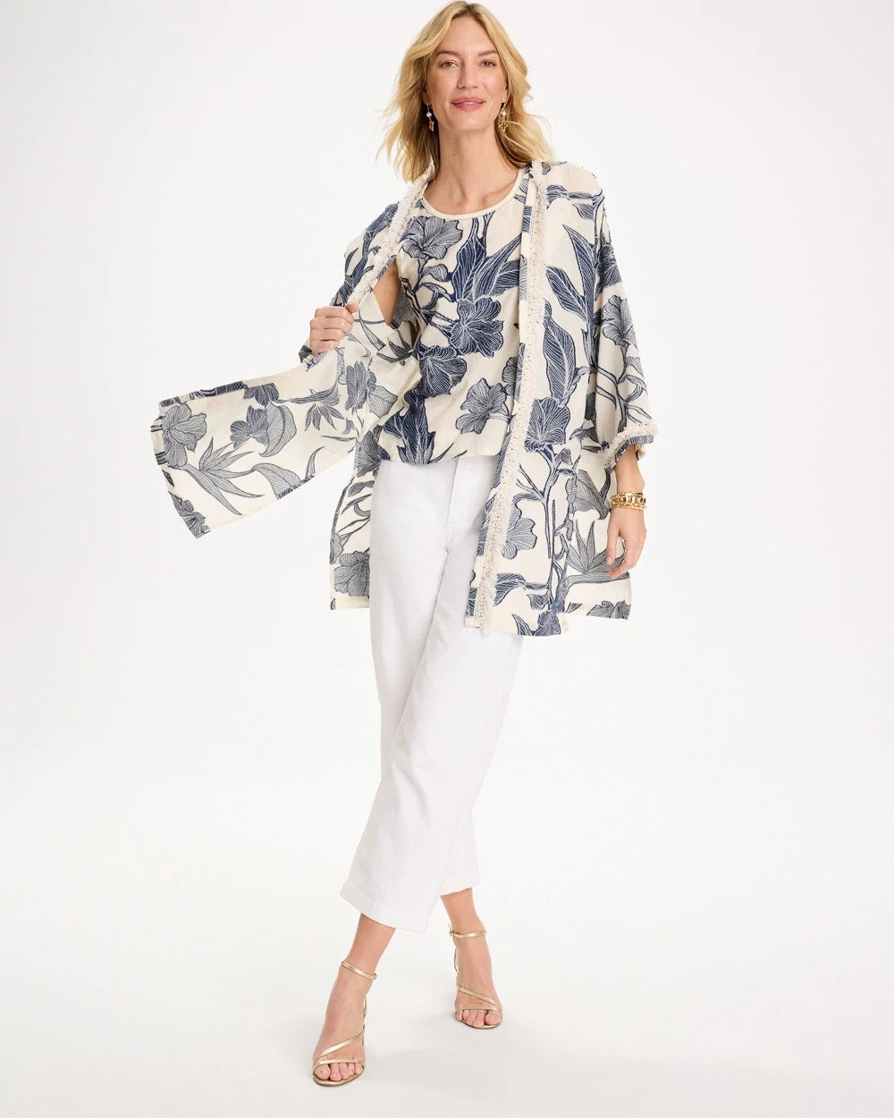 Chico's Exclusive - Cotton Jacquard Fringed Kimono Blue