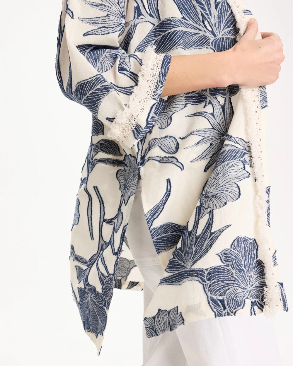 Chico's Exclusive - Cotton Jacquard Fringed Kimono Blue