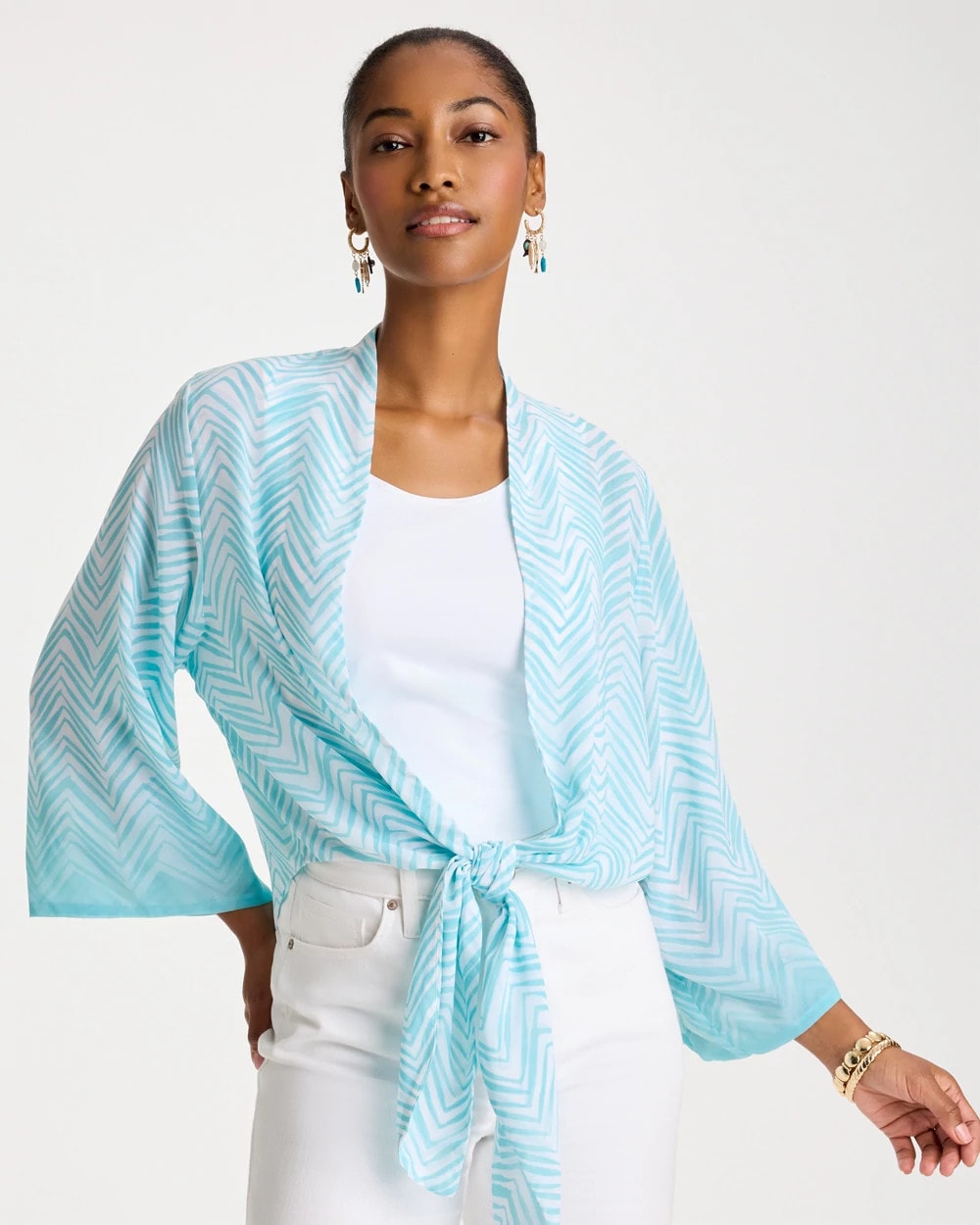 Chico's Sale - Georgette Tie-Front Chevron Kimono Bondi Blue