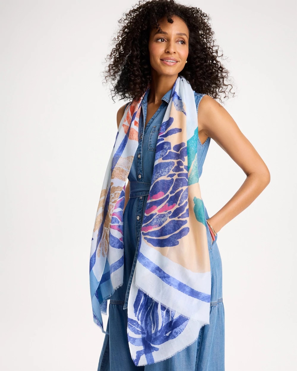 Chico's Trending - Coral Motif Oblong Scarf Blue